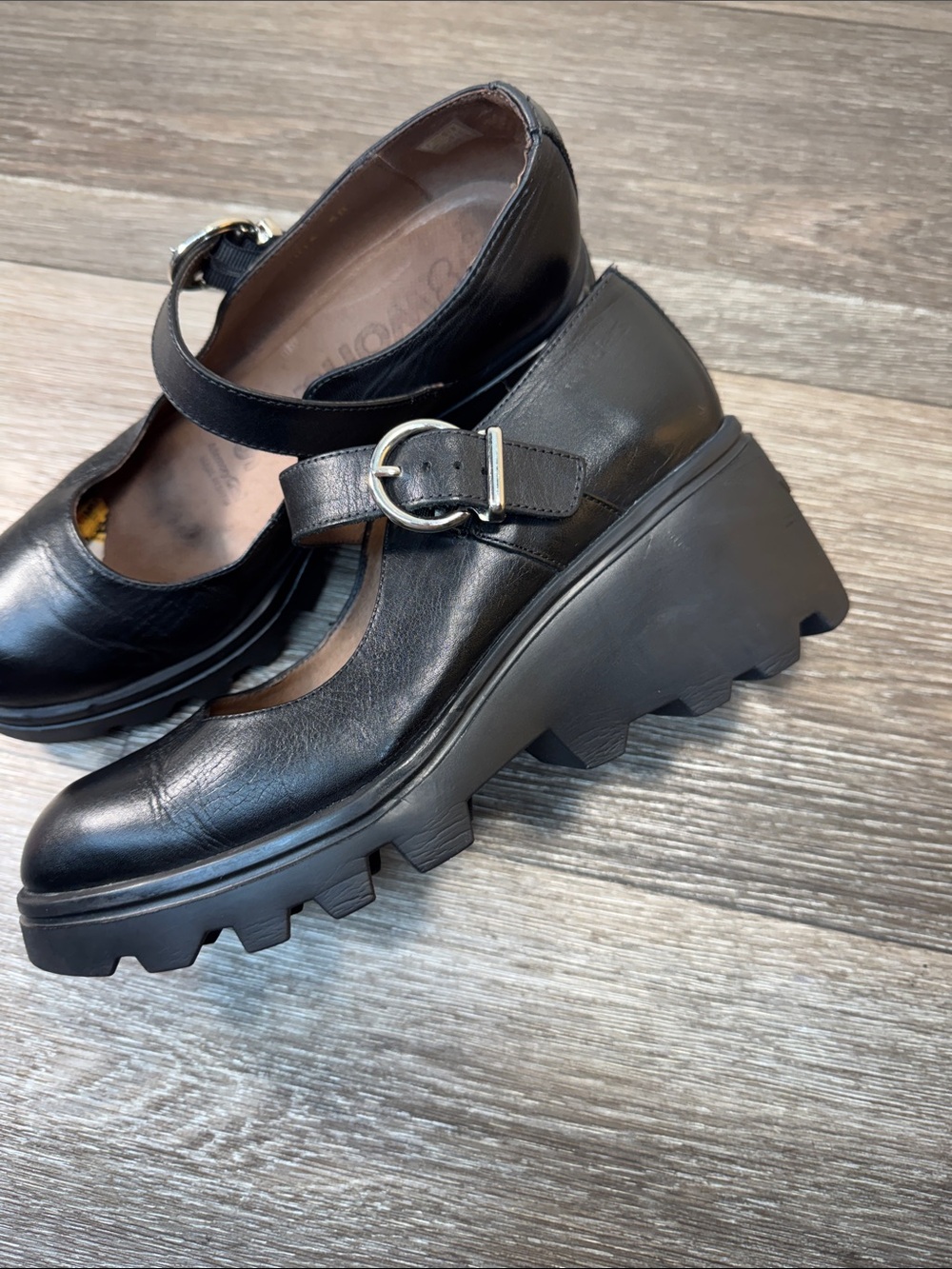Wonders Chunky Black Leather Mary Jane Platform Shoes woman’s 38 (h20) - Picture 5 of 12